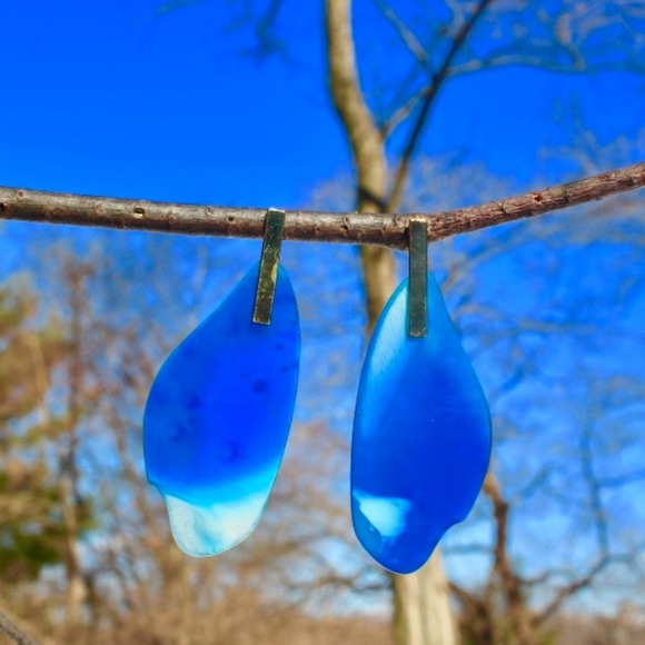 18K Gold Blue Ocean Drop Dangle Teardrop Earrings - Picture 4 of 7